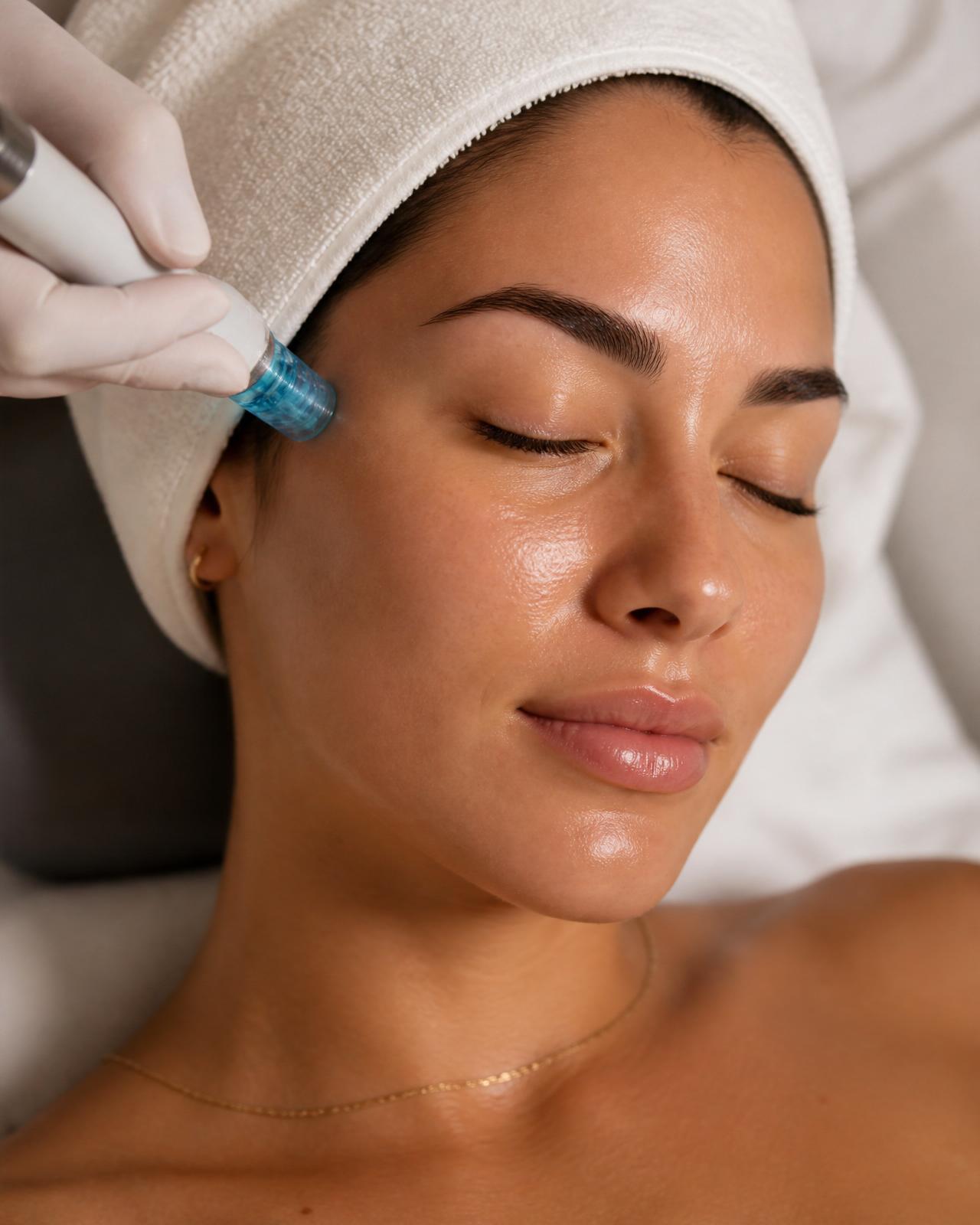 A Hydrafacial wand gently passing over glowing, dewy skin.