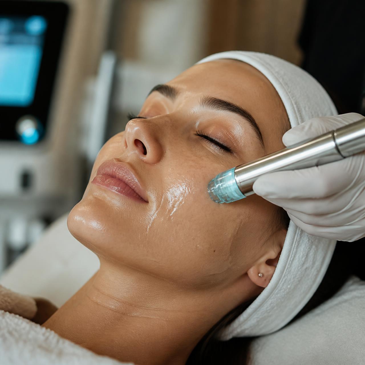 Close-up of a hydrafacial treatment wand gliding across glowing skin.