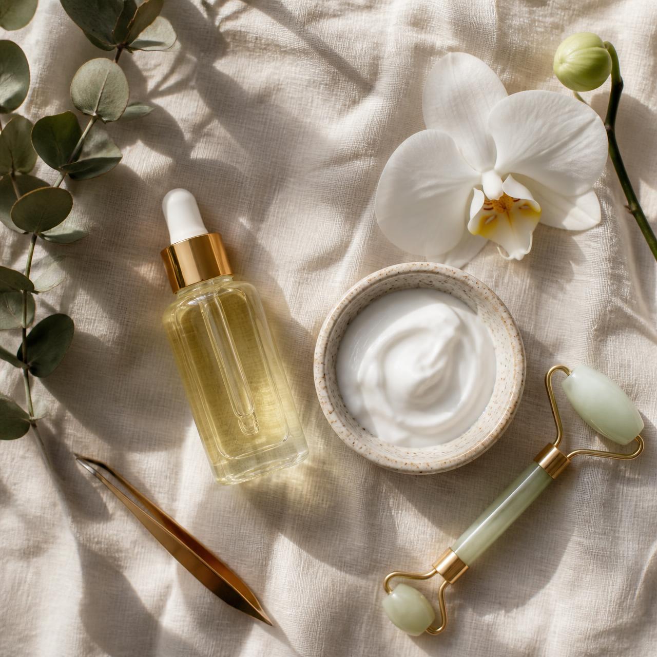Flatlay of skincare products: dropper serum, jade roller and orchid.
